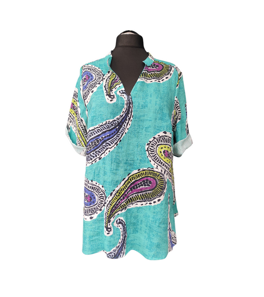 Paisley -kuosinen pellavapusero, turkoosi, Doris Streich